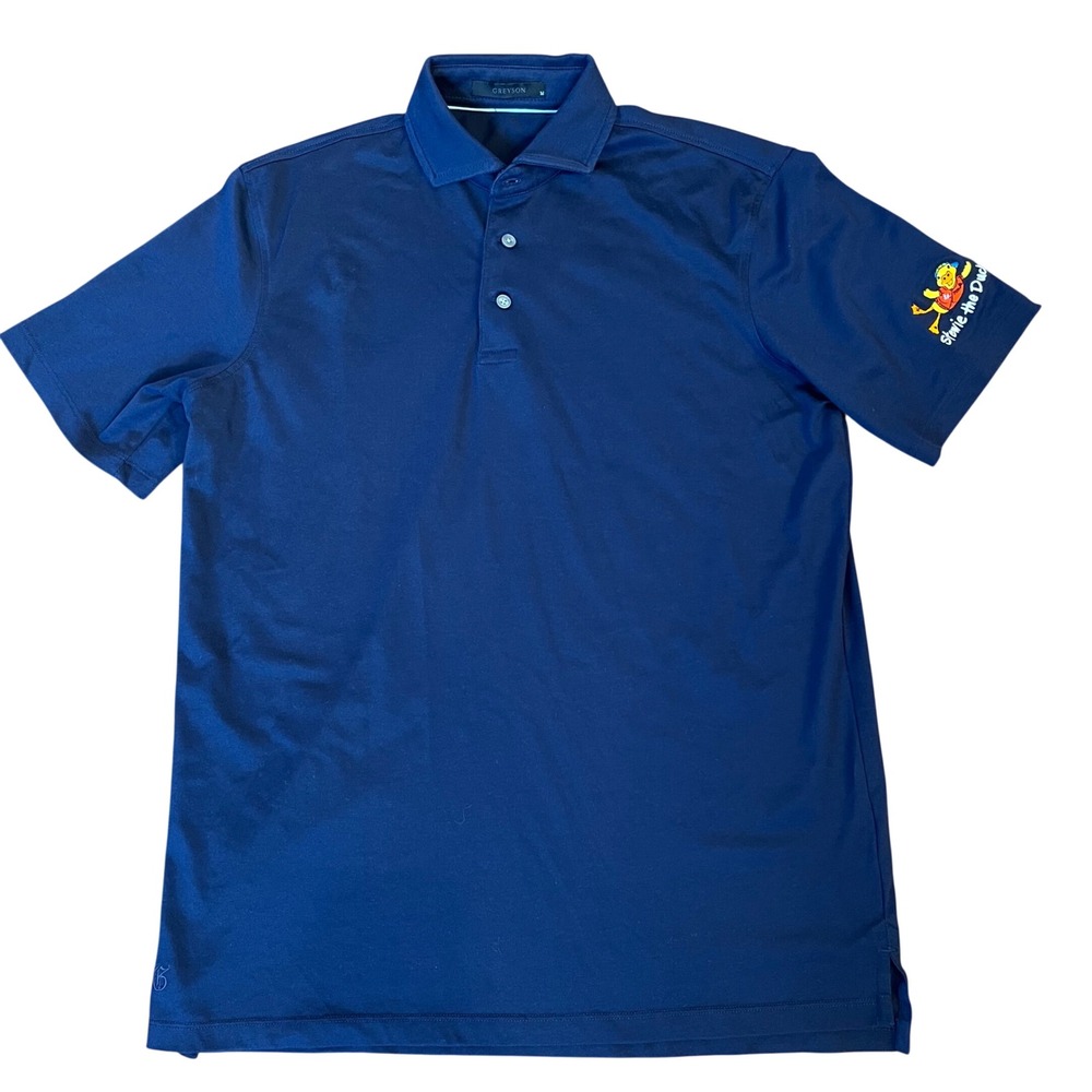 Greyson Polo Shirt Mens Medium Navy Blue Stewie the Duck Performance Cool brrr